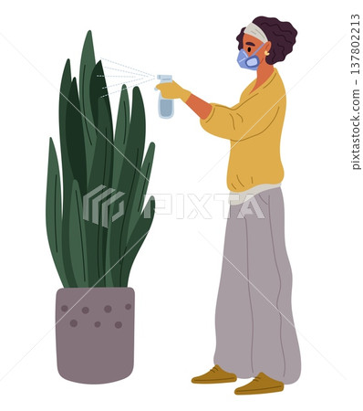 Young woman sprays houseplants to protect them from harmful insects and bacteria. Insecticide sprayer. Girl caring of plant in flowerpot. Pesticide sprinkling at foliage. Vector concept Young woman sprays houseplants to protect them from harmful insects and bacteria. Insecticide sprayer. Girl caring of plant in flowerpot. Pesticide sprinkling at foliage. Vector concept 137802213