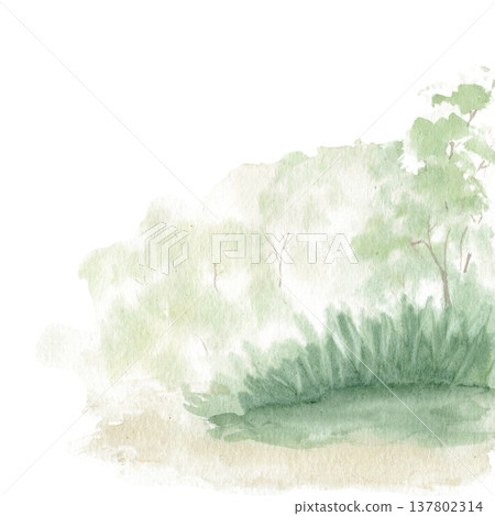 Soft watercolor forest landscape element isolated on white. Hand painted green trees, bushes and grass for natural landscape composition, garden illustration, background design, nature themed artwork. 137802314