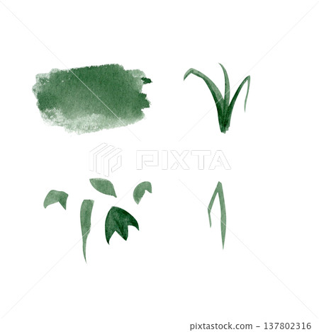 Watercolor grass, foliage elements isolated on white background. Hand painted plant shapes, brush texture for landscape illustration, garden design, pattern creation, natural decorative compositions Watercolor grass, foliage elements isolated on white background. Hand painted plant shapes, brush texture for landscape illustration, garden design, pattern creation, natural decorative compositions 137802316