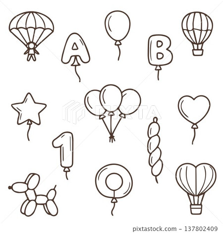 A set of pastel illustrations featuring balloons of various shapes in doodle style. Vector illustration. A set of pastel illustrations featuring balloons of various shapes in doodle style. Vector illustration. 137802409