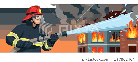 A brave fireman puts out a fire. He holds a fire hose and pours water on the fire A brave fireman puts out a fire. He holds a fire hose and pours water on the fire 137802464