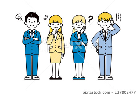 Full-body vector illustrations of multiple business people in business suits in thinking or contemplating poses. 137802477