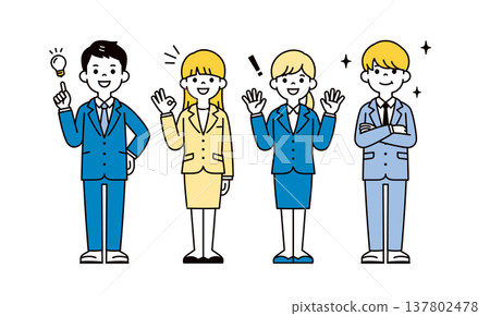 一組描繪年輕商務人士提出想法和解決問題的全身向量插圖。 一組描繪年輕商務人士提出想法和解決問題的全身向量插圖。 137802478