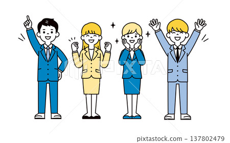 一組年輕男女、公司員工和求職者的全身向量插圖，描繪了他們慶祝獲得工作機會、接受工作或透過選拔過程的場景。 137802479