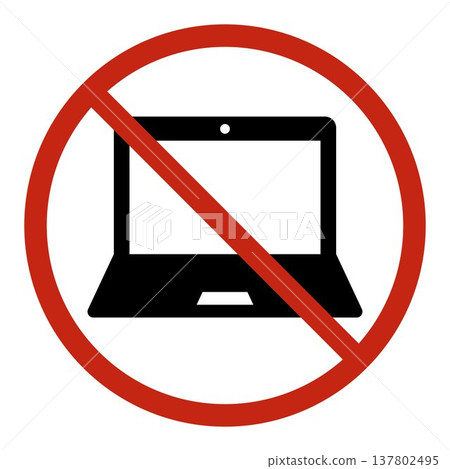 Laptop prohibition sign, computer banned symbol with red circle and diagonal line, technology restriction warning icon, device usage forbidden concept for security policy and digital access control Laptop prohibition sign, computer banned symbol with red circle and diagonal line, technology restriction warning icon, device usage forbidden concept for security policy and digital access control 137802495