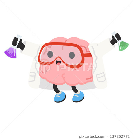 Cartoon Brain in Lab Coat Holding Beakers Cartoon Brain in Lab Coat Holding Beakers 137802771