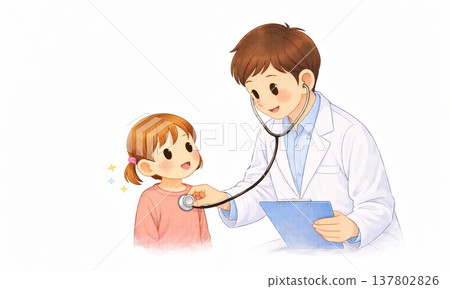 醫生在為孩子做健康檢查時使用聽診器的插圖。 137802826