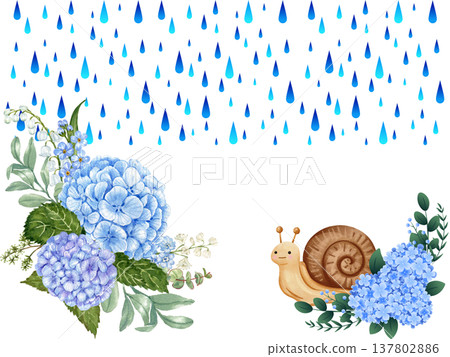 A watercolor frame background featuring blue raindrops, hydrangeas, and a snail, depicting the rainy season. 137802886