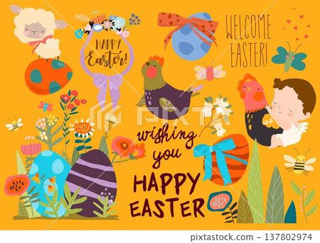 Cartoon Easter Set With Little Cartoon Angels, Ester Eggs and Flowers Cartoon Easter Set With Little Cartoon Angels, Ester Eggs and Flowers 137802974