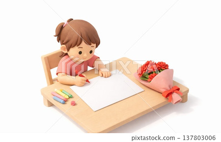 一幅插圖，描繪了一個孩子在母親節給媽媽寫信，並送給她鮮花作為禮物。 137803006