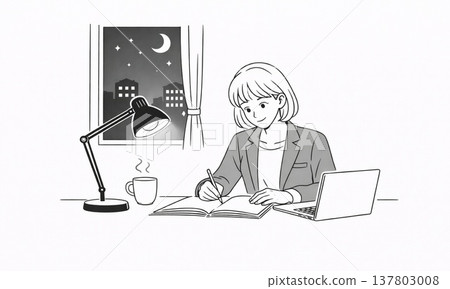 一幅簡單的線條畫，描繪了一位女商人晚上在辦公桌前工作的情景。 137803008