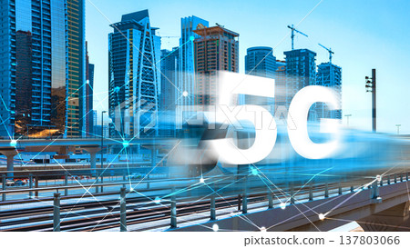 5G internet technology in a busy urban area with tall buildings and modern skyline 5G internet technology in a busy urban area with tall buildings and modern skyline 137803066