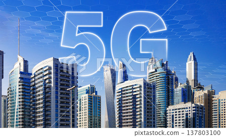 5G internet technology is displayed over modern city skyline with tall buildings 137803100