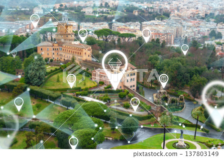 View of a hilltop location in Rome with a digital map overlay showing points of interest View of a hilltop location in Rome with a digital map overlay showing points of interest 137803149