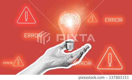 Light bulb held in hand with brain symbol and error signs in background shows idea and problem Light bulb held in hand with brain symbol and error signs in background shows idea and problem 137803151