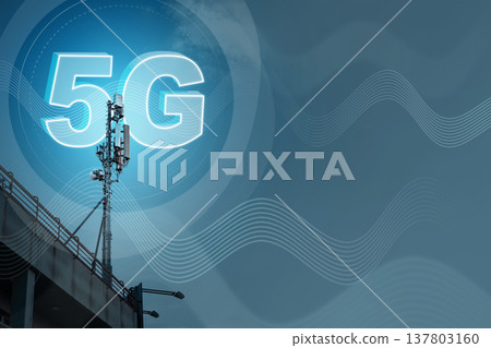 New 5G tower installation on city rooftop enhances internet connectivity for users 137803160