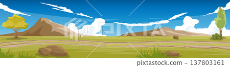 Horizontal or Landscape of dirt road cutting through a vast grassland. With trees on two side of picture. Mountains under blue sky and white clouds. For rally racing or rural road races. 137803161