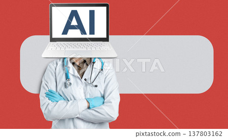 Doctor with a laptop instead of a head shows AI's impact on healthcare in modern times 137803162