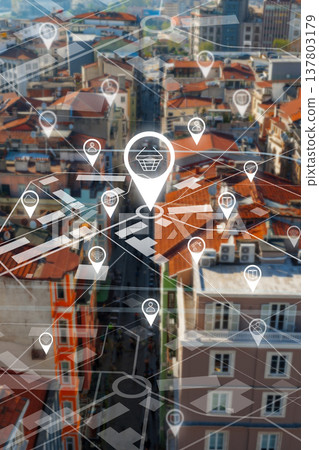 View of city streets with multiple location markers showing shops and services in urban area View of city streets with multiple location markers showing shops and services in urban area 137803179