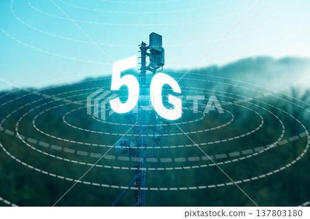 5G internet tower with signal waves in a rural location during daylight hours 137803180