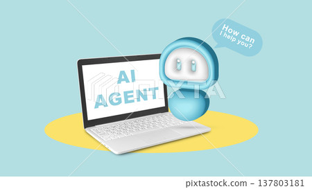 AI agent offers help with a laptop on a blue background during a digital interaction 137803181