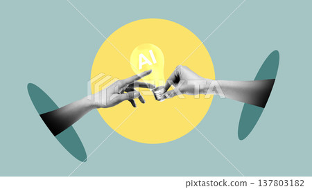 Hands exchanging coin with AI text in light bulb against colored background Hands exchanging coin with AI text in light bulb against colored background 137803182