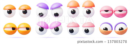 Cartoon 3D googly eyes set with colorful lids and pupils. Funny comic eyeballs for character or emoji. Playful rotating spheres, cute round shapes for animated expression in design. 3D illustration Cartoon 3D googly eyes set with colorful lids and pupils. Funny comic eyeballs for character or emoji. Playful rotating spheres, cute round shapes for animated expression in design. 3D illustration 137803278