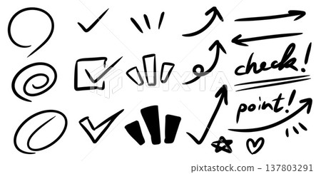 各種手繪圖示:箭頭、圓圈、勾號 各種手繪圖示:箭頭、圓圈、勾號 137803291