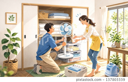 一幅插圖描繪了季節更迭之際,一家人準備拿出電風扇的情景。 一幅插圖描繪了季節更迭之際,一家人準備拿出電風扇的情景。 137803339