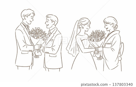 一幅感人的線條畫，描繪了婚禮儀式上向父母獻上花束的場景。 137803340
