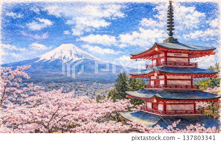 一幅描繪日本春季景色的插圖,圖中有櫻花、富士山和五層寶塔。 一幅描繪日本春季景色的插圖,圖中有櫻花、富士山和五層寶塔。 137803341