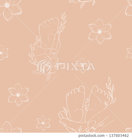 Vector seamless pattern. Parent holding in the hands feet of newborn baby. Hand painted linear contour illustration, delicate twig with leaves. Graphic clipart isolated. Botanical, tattoo sketch. For Vector seamless pattern. Parent holding in the hands feet of newborn baby. Hand painted linear contour illustration, delicate twig with leaves. Graphic clipart isolated. Botanical, tattoo sketch. For 137803462
