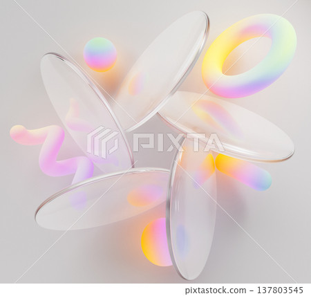 3d liquid glass transparent circle discs on light pastel background with color glow neon gradient shapes. Abstract circular motion effect with crystal lens, spiral line, sphere, ring. 3D illustration 3d liquid glass transparent circle discs on light pastel background with color glow neon gradient shapes. Abstract circular motion effect with crystal lens, spiral line, sphere, ring. 3D illustration 137803545