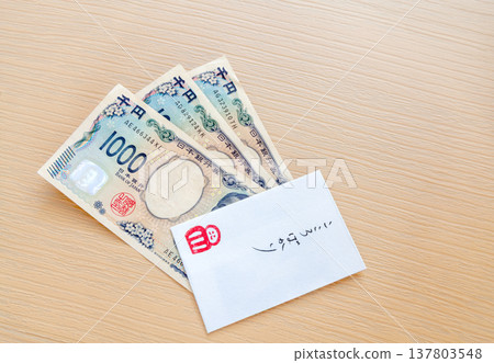一張千元鈔票和一個小信封：表達感激之情的畫面，並附有「一點心意」的字樣。 137803548