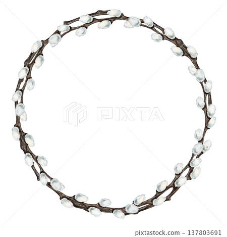 Easter wreath with pussy willow branches. Botanical watercolor clipart of spring renewal and Easter celebration isolated on white background for invitations, cards and seasonal design Easter wreath with pussy willow branches. Botanical watercolor clipart of spring renewal and Easter celebration isolated on white background for invitations, cards and seasonal design 137803691