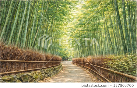 一幅美麗而舒緩的插圖，描繪了陽光透過竹林小徑灑下的景象。 137803700