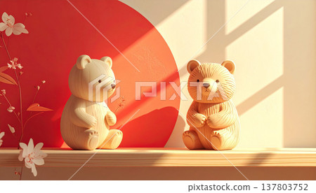 一幅溫馨的日式室內圖片，圖中擺放著木製熊和鮭魚擺飾。 137803752