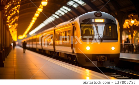 一張傍晚時分火車停靠在車站的照片，溫暖的燈光營造出假日繁忙景象的生動畫面。 137803755