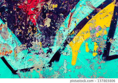 Graffiti on Urban Concrete Wall with Peeling Paint and Teal Texture 137803806