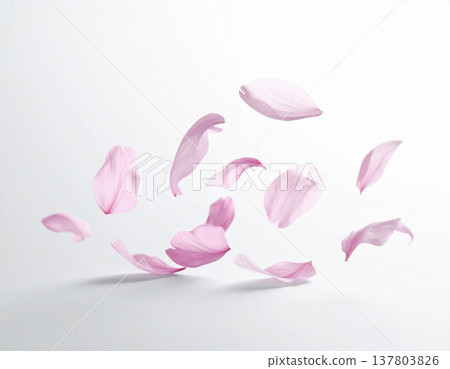 White background with pink cherry blossom petals fluttering down - Spring theme 137803826
