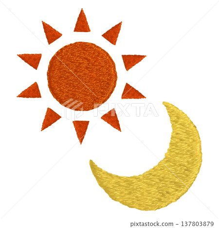 [Sun and Crescent Moon] Hand-embroidered illustration material 137803879