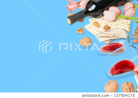 Wine, matzah, flowers, and walnuts for Passover celebration Wine, matzah, flowers, and walnuts for Passover celebration 137804178