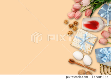 Tradition and celebration during Passover with food and flowers 137804183