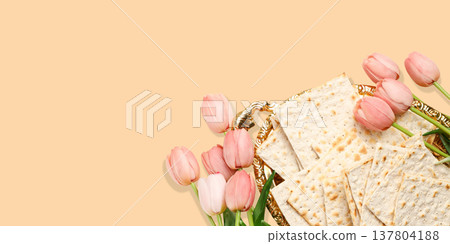 Matzo and pink tulips arranged on a decorative tray Matzo and pink tulips arranged on a decorative tray 137804188