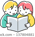 Upper body of a girl and a boy reading a book together 137804881