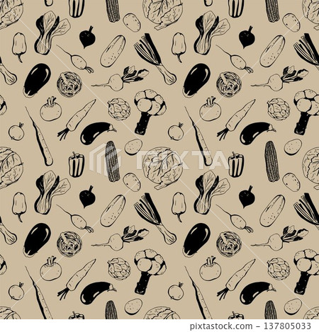 Seamless Pattern with whimsy different vegetables 137805033
