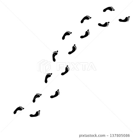 Barefoot silhouette track, human foot print trail curved path isolated on white background. Walking person steps, barefoot silhouette set, organic body part shape. Foot print collection Barefoot silhouette track, human foot print trail curved path isolated on white background. Walking person steps, barefoot silhouette set, organic body part shape. Foot print collection 137805086