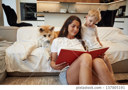 Big red covered book in hands, reading. Mother with son and Shibu Inu dog are at home Big red covered book in hands, reading. Mother with son and Shibu Inu dog are at home 137805191