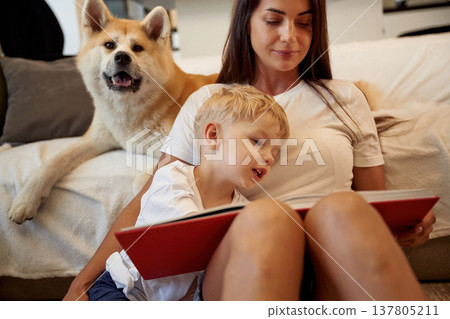 Leaning on the bed, resting, reading. Mother with son and Shibu Inu dog are at home 137805211