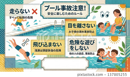 泳池事故警示：安全規則意識海報範本 - 預防溺水和跌倒 137805255